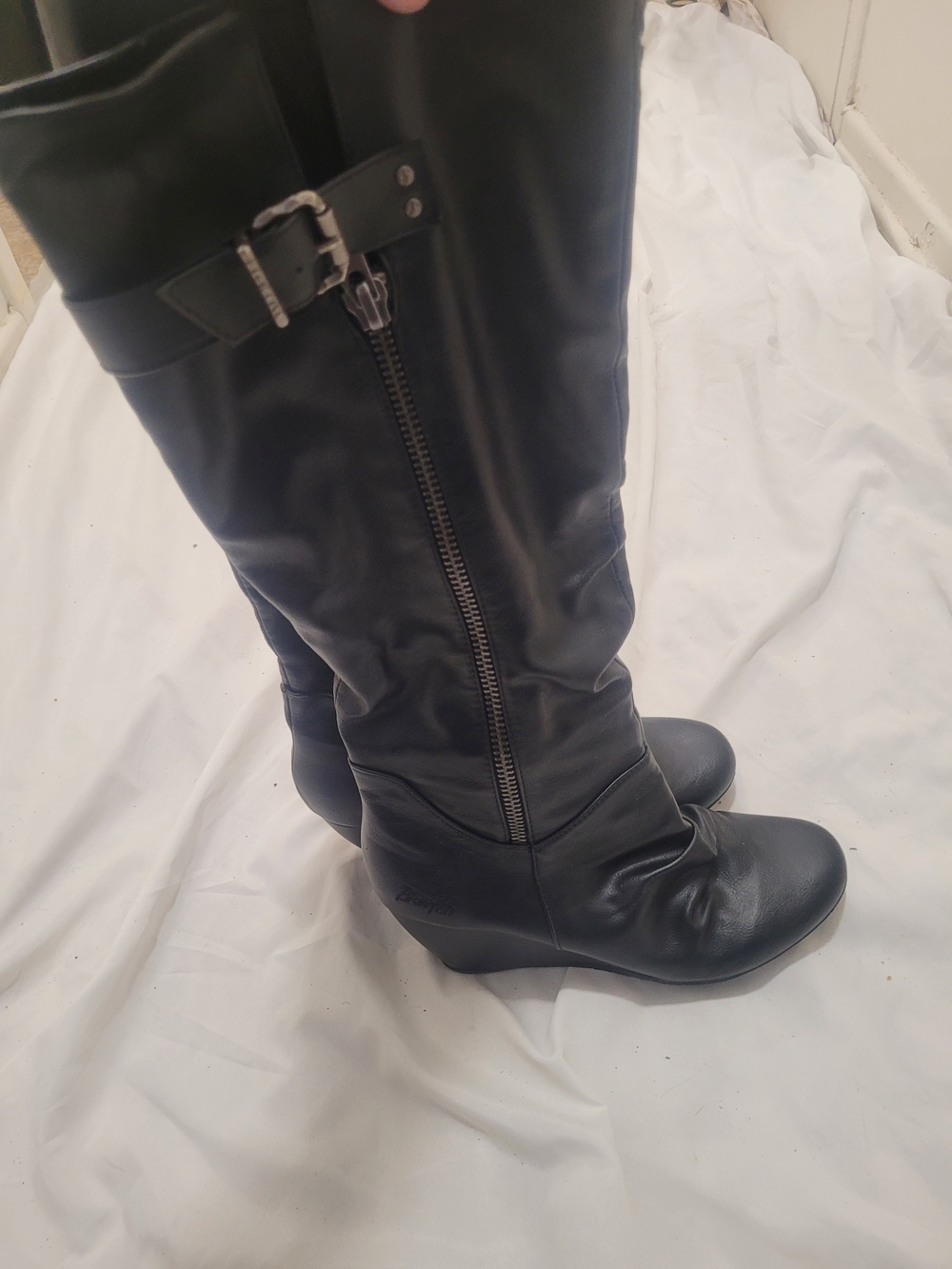 Black Knee-High Wedge Boots with Side Zip and Buckle